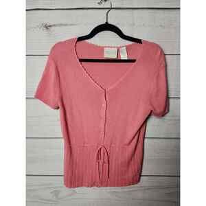 First Issue Womens V Neck Button Down Knitted Shirt Short Sleeve Pink Size Small